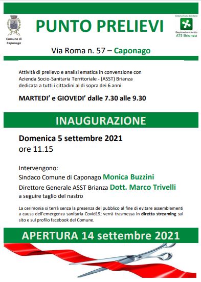 PUNTO PRELIEVI - Via Roma n. 57 Caponago | Inaugurazione