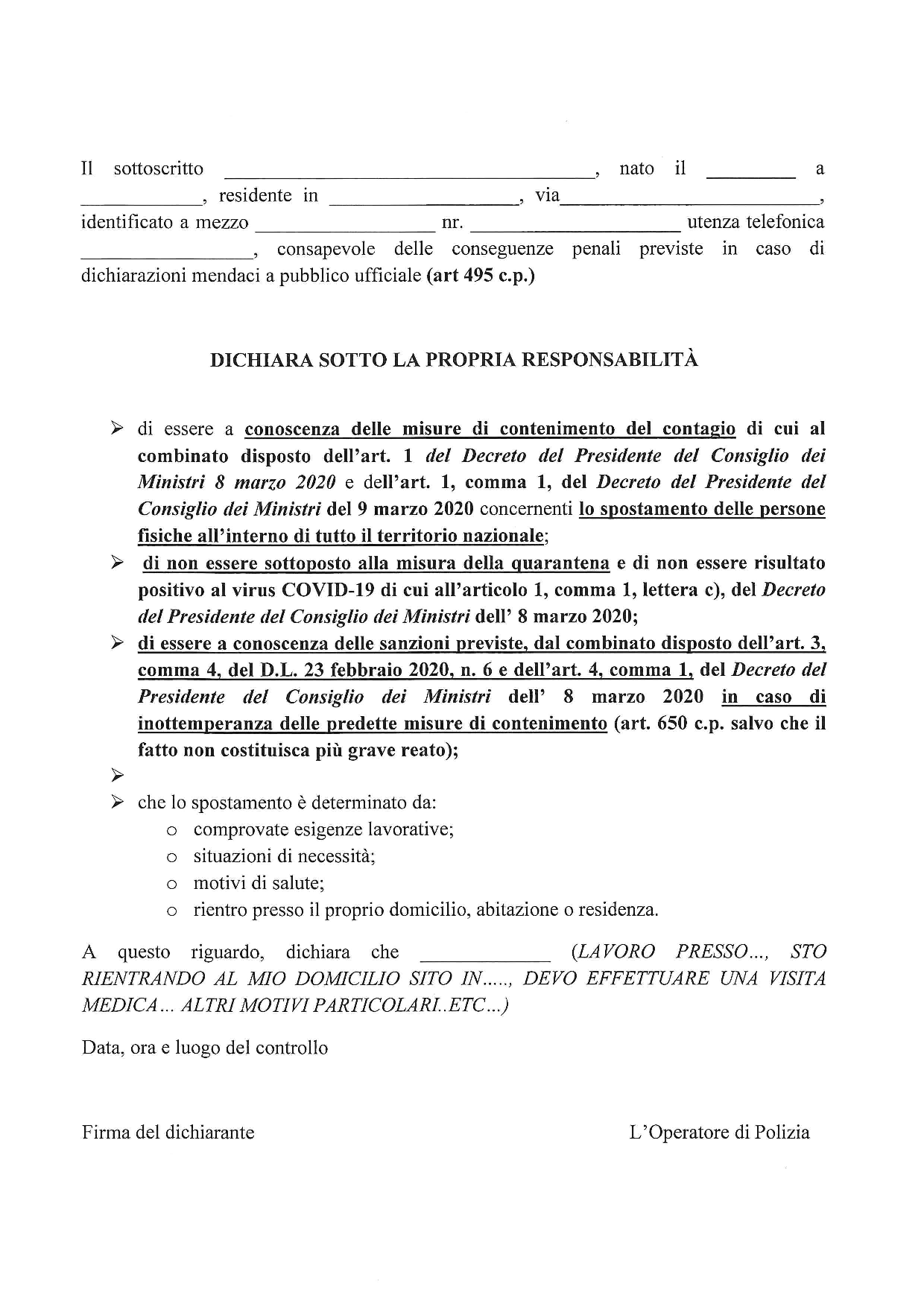 Coronavirus: nuovo modulo di autocertificazione