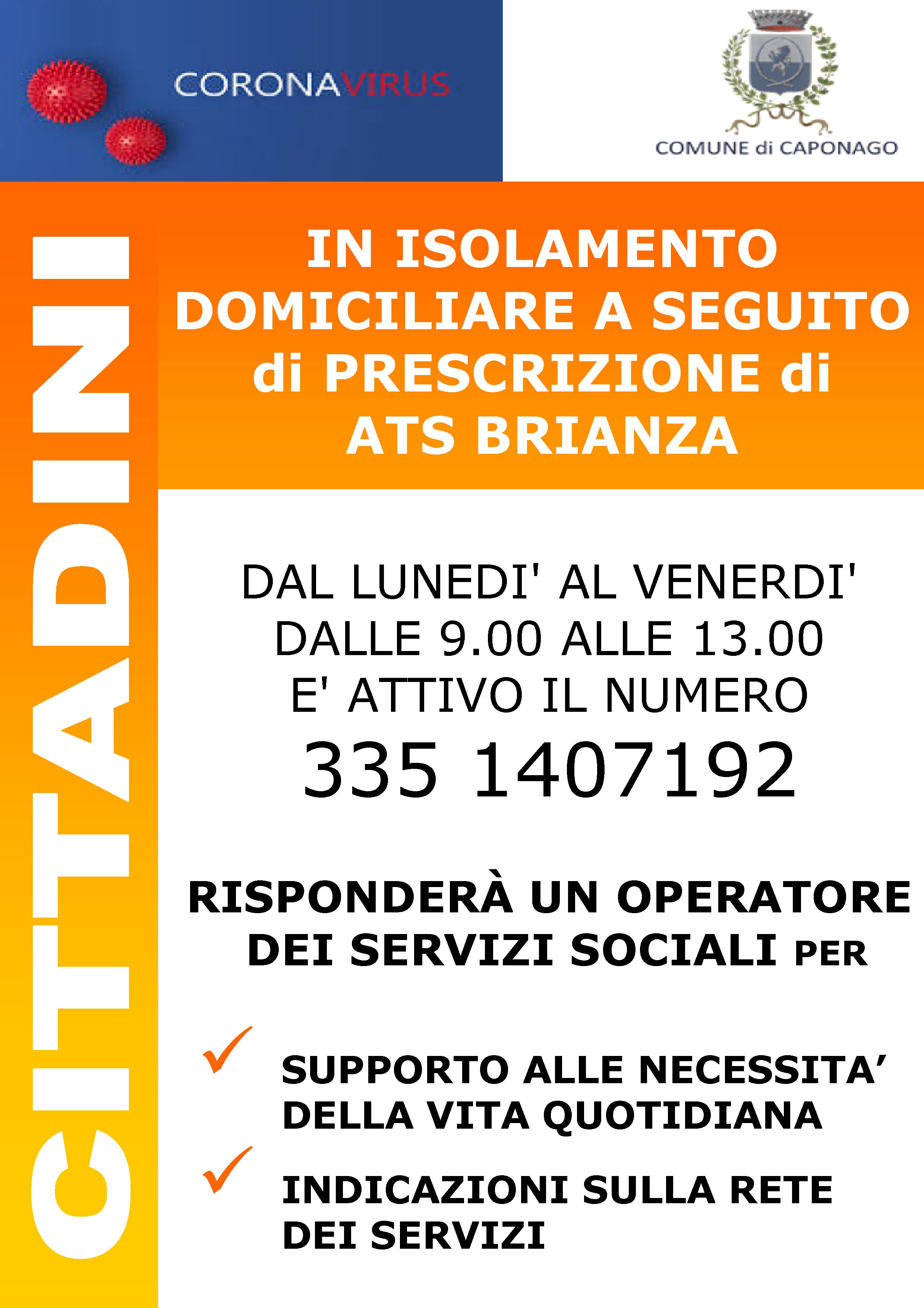 Coronavirus: avviso per cittadini in isolamento domiciliare